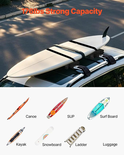 VEVOR Soft Roof Rack Pads, 30" Universal Car Roof Rack Pad for Various Crossbars, 176LBS Loading Luggage Kayak Carrier with 2 Tie Down Straps, 2 Quick Loop Straps & Storage Bag for SUP Canoe Snowboard