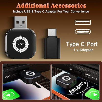 4 in 1 Wireless CarPlay Adapter with Screen Mirroring – Supports Apple CarPlay & Android Auto & AirPlay & MirrorLink, 2026 Upgraded screen mirroring dongle for car, USB-A/USB-C Connection, Plug & Play