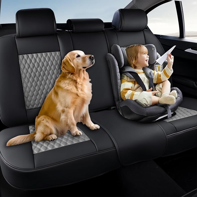 Coverado Leather Rear Seat Covers for Cars, Waterproof Back Seat Cover, Universal Automotive Seat Cushion Protector for Most Cars Trucks SUV (Black&Gray)