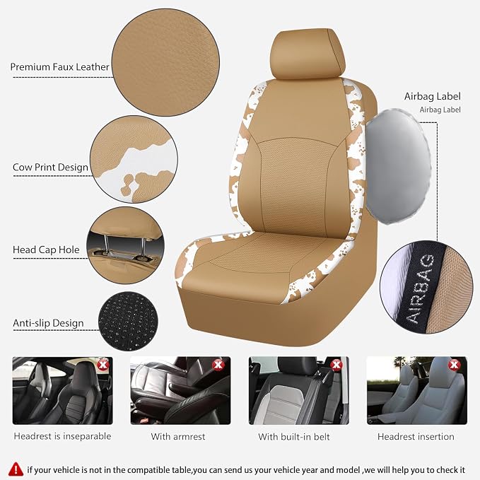CAR PASS Cow Print Faux Leather Car Seat Covers & Cow Car Mats & Cow Steering Wheel Cover Seat Belt Pads Universal fit for SUV,Van,Saden,Truck Cute Car Accessories Automobile Interior Sets All Beige