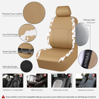 CAR PASS Cow Print Faux Leather Car Seat Covers & Cow Car Mats & Cow Steering Wheel Cover Seat Belt Pads Universal fit for SUV,Van,Saden,Truck Cute Car Accessories Automobile Interior Sets All Beige