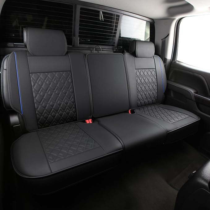 JOJOBAY Chevy Silverado Seat Covers,Leather Seat Covers for GMC Sierra,Custom Fit 2007-2026 1500 2500HD 3500HD Crew Double Extended Regular Cab,LT LZT RST(Rear Seat Covers,Black Blue)