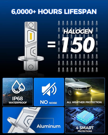 Marsauto H3 LED Bulb Yellow, 12,000LM Super Bright H3 Yellow LED Fog Light Bulbs, 6000K Cool White Fit for Fog Lights & DRL, Plug-Play Canbus Ready, Pack of 2