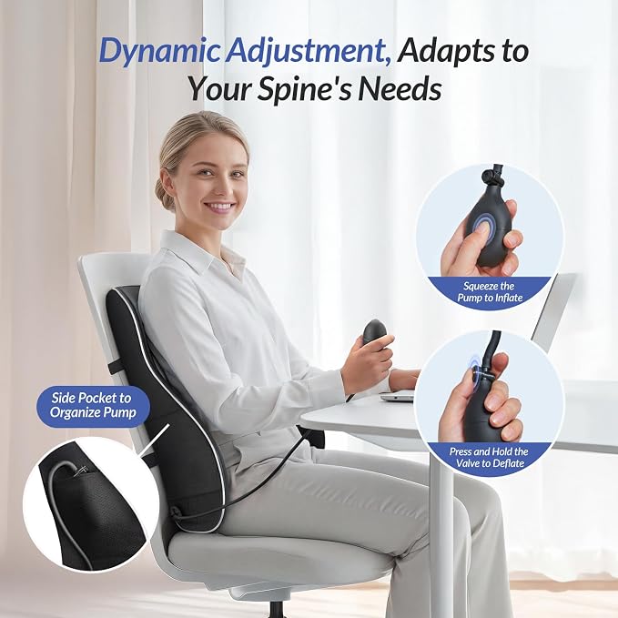 ZIKEE Adjustable Airbag Lumbar Support Pillow Provides Comfortable Support Back Pain Relief and Improves Posture, Ergonomic Memory Foam Back Support Pillow for Office Chair, Car, Home