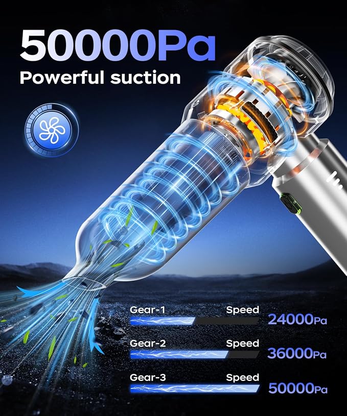 VNOST Car Vacuum,3 Suction Modes,Portable Mini Cordless Cleaner with 50000pa Suction Power,Type-C Charge,Handheld Vacuum for Home,Car,Birthday Gifts for Men Dad Husband (Silver)