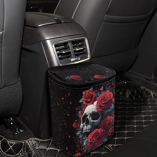 Skull Red Roses Pattern Car Trash Can with Lid and Zipper Portable Foldable Trash Bin for Car Interior Accessories Multipurpose Garbage Can Bags Storage Organizer Halloween Decor