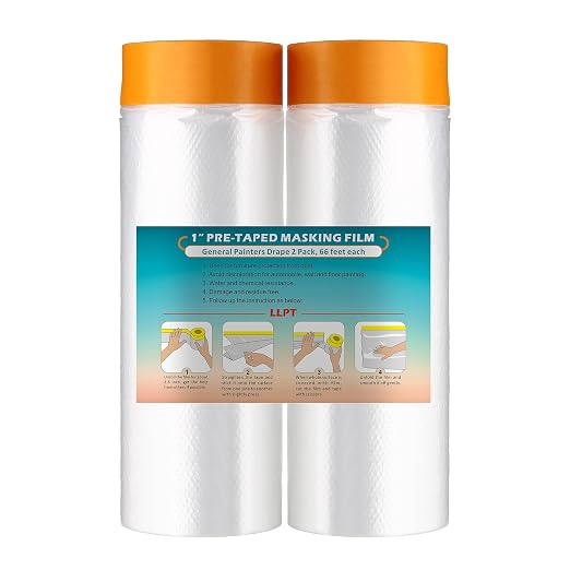 LLPT Pre-Taped Masking Film, 59.1" Unfolded x 66Ft, 0.27 Mil, 2 Pack | Static-Cling, Disposable, Solvent & Oil Resistant Bleed-Proof Low Tack No Residue for Auto Wall Furniture Painting Protection