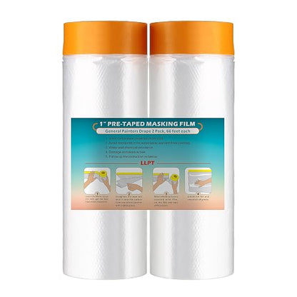 LLPT Pre-Taped Masking Film, 59.1" Unfolded x 66Ft, 0.27 Mil, 2 Pack | Static-Cling, Disposable, Solvent & Oil Resistant Bleed-Proof Low Tack No Residue for Auto Wall Furniture Painting Protection