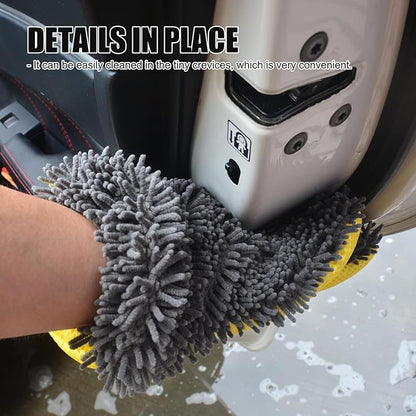 Car Wash Mitt Microfiber Scratch Free,Premium Chenille Ultra-Soft Car Wash Gloves,Thickened Inside Coated Swirl-Free Finish 5-Finger Design Detailing for Cleaning Car Wash Brush,2-Pack Yellow