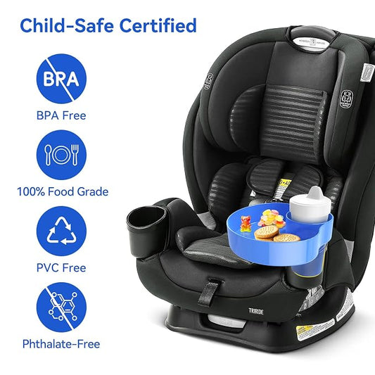 Car Seat Snack Tray: Travel Tray for Kids Carseat Cup Holder with Food Trays, Stroller Snacks Plate for Toddlers, Kid Road Trip Essentials, Blue