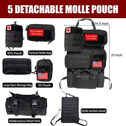 Tactical Car Seat Back Organizer,Tactical Molle Seat Back Organizer with 5 Detachable Molle Pouch,Velcro Label Can Be Removed,Universal Fits for Car Truck Jeep Vehicle