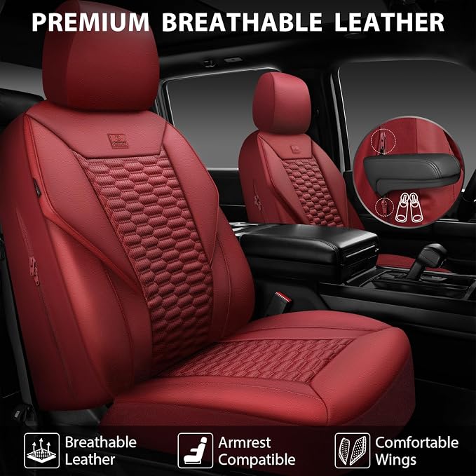 CAR PASS 3D Foam PU Leather Car Seat Covers Front Seats,Wine Faux Leather Front Seat Covers for Cars, Universal Fit for SUVs Trucks Vans Sedan Automotive, Armrest Airbag Compatible,Burgundy