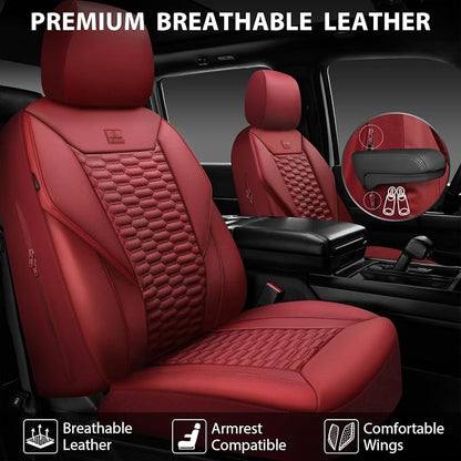 CAR PASS 3D Foam PU Leather Car Seat Covers Front Seats,Wine Faux Leather Front Seat Covers for Cars, Universal Fit for SUVs Trucks Vans Sedan Automotive, Armrest Airbag Compatible,Burgundy