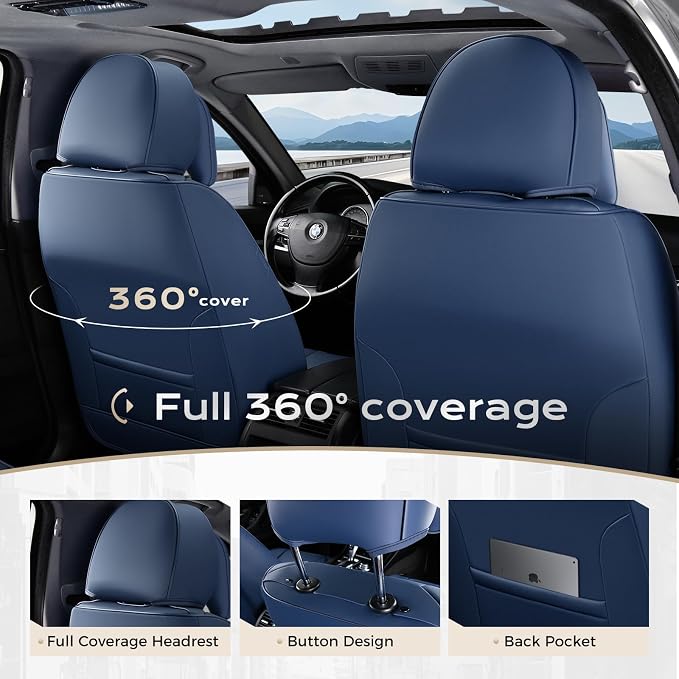 Coverado Seat Covers, Car Seat Covers Front Seats, Car Seat Cover, Car Seat Protector Waterproof, Seat Cushion Nappa Leather with Head Pillow, Carseat Cover Universal Fit for Most Cars (Blue)