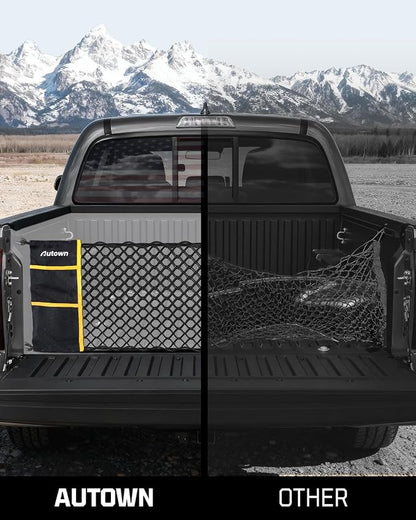 AUTOWN Truck Bed Cargo Net, Envelope Style Bed Netting for 2005-2025 Toyota Tacoma, Pickup Truck Bed Organizer with Upgraded 5mm Bungee & Integrated Storage Bag & Eyebolts & Carabiners