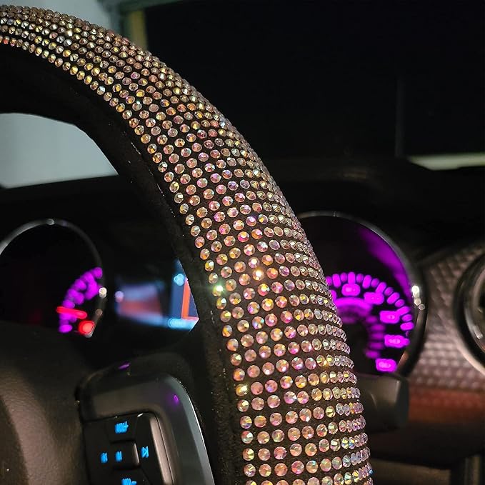 Carwales Car Bling Steering Wheel Cover for Women Girls 15 Inch Universal Colorful Crystal Rhinestone Diamond Rainbow Bling Accessories Anti Slip Wheel Protector Sparkling, Black