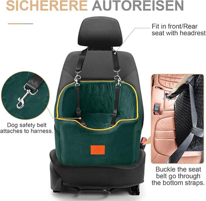 XIEEAOZEE Dog Car Seat for Small Dogs, Memory Foam Booster Dog Seat for Dogs up to 35 lbs, Elevated Pet Car Seat, Travel Safety Pet Seat with Washable Removable Cover, Storage Pockets (Green)