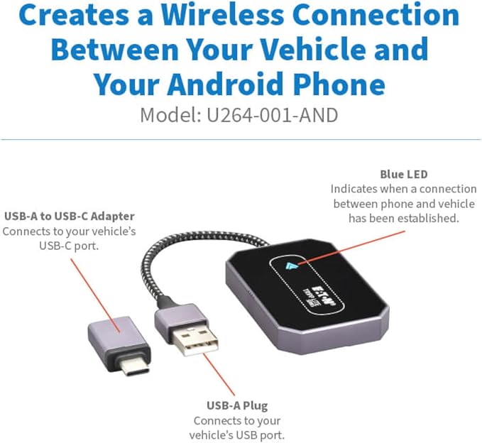 TRIPP LITE Eaton Series Bluetooth Android Auto Wireless Adapter for Car Screen, Mini Portable Size, USB-C & USB Adapter, Samsung Galaxy S8+ and Google Pixel Compatible, 3-Year Warranty (U264-001-AND)