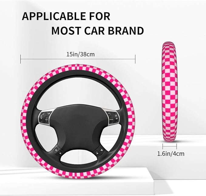 Pink Checkered Steering Wheel Cover Checkered hot Pink Steering Wheel Cover of Wome Anti-Slip Breathable Universal 14-15 Inch Car with 2 Pcs Car Coasters Suitable Men Women