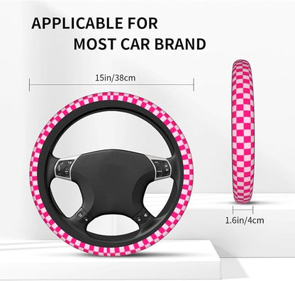 Pink Checkered Steering Wheel Cover Checkered hot Pink Steering Wheel Cover of Wome Anti-Slip Breathable Universal 14-15 Inch Car with 2 Pcs Car Coasters Suitable Men Women