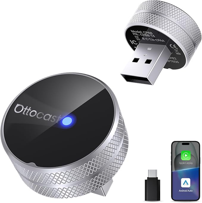 OTTOCAST Mini Tube 2026 Wireless CarPlay & Android Auto Adapter, 5GHz WiFi Auto Connect, Plug & Play for iPhone & Android, Stable Performance, Premium Aluminum Design