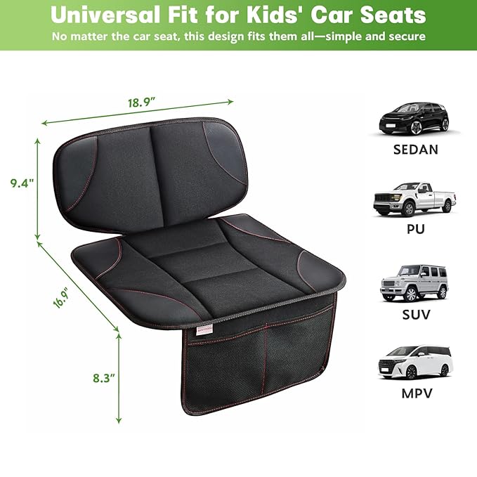 Siivton Kids Booster Seat Protector Mat, Thick, Anti-Slip, Waterproof, with Mesh Pockets for Toys & Snacks, Fits Most Cars, Black - 2 Pack