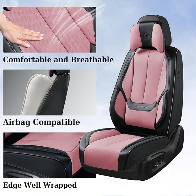 Coverado Universal Seat Covers Full Set, 5 Seats Universal Seat Covers for Cars, Waterproof Nappa Leather Car Seat Covers with Head Pillow, Auto Protectors Fit for Most Pick-up Truck, Black&Pink