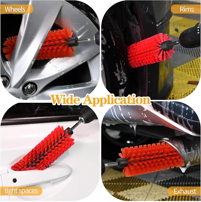 Drill Brush for Car Wheel and Bottle, Highly Dense and Durable Car Cleaning Brush for Wheels, Rims, Engines, Exhaust, Bottle