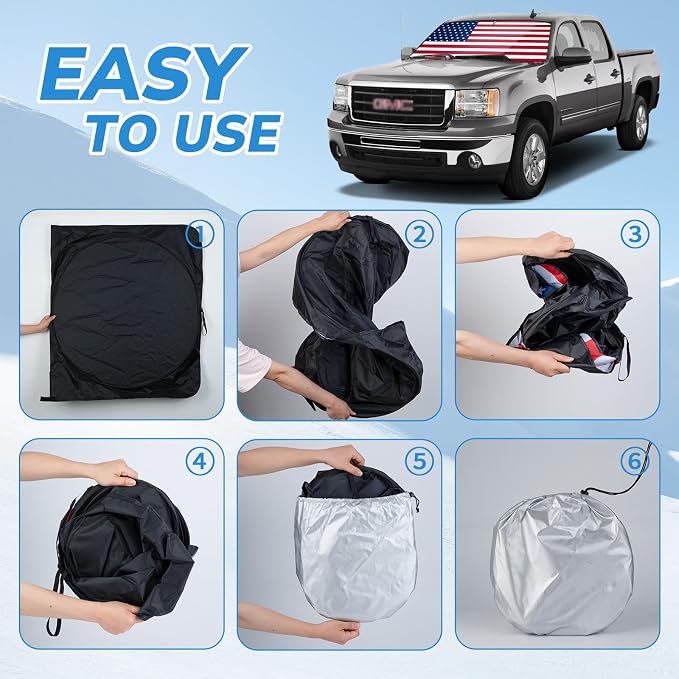 Windshield Sun Shade Original American Flag USA Patriotic Design - Folding Car Front Window Sunshade for Cars SUV Trucks, Max UV Blocking and Keep The Vehicle Cool XL