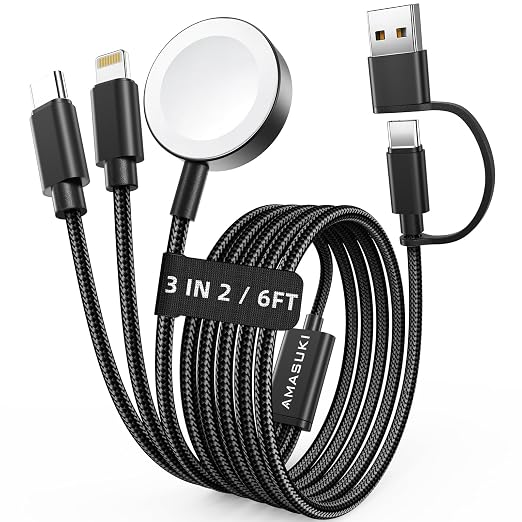 Travel Essentials,3 in 2 USB C Cable for Apple Watch Charger,iPhone Charger,Multi Charging Cable,Cruise Vacation Camping Portable for iWatch Series 11-2/Ultra/SE & iPhone 17-12,Car,Black-6FT