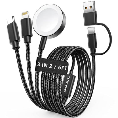 Travel Essentials,3 in 2 USB C Cable for Apple Watch Charger,iPhone Charger,Multi Charging Cable,Cruise Vacation Camping Portable for iWatch Series 11-2/Ultra/SE & iPhone 17-12,Car,Black-6FT