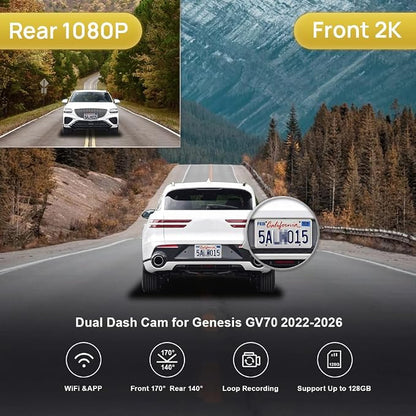 Fitcamx Front 2K+Rear 1080P Dash Cam Adapts for Genesis GV70 2022-2026 (HD2-AR100), Integrated OEM Look, Dual HD Video, Built-in WiFi & APP, Loop Recording, G-Sensor, Easy to Operate, 64GB Card