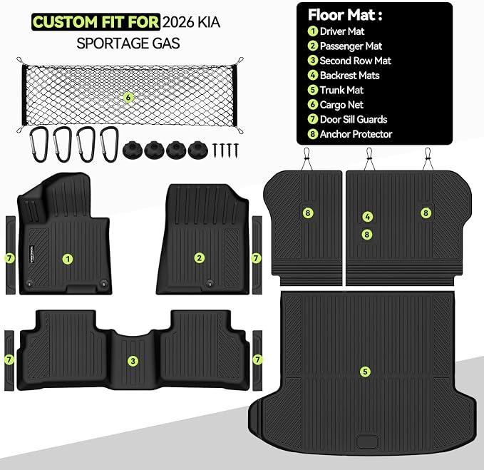 Tongama-Floor Mats for 2026 Kia Sportage Gas, All Weather TPE Trunk Mat and Backrest Mats Protector and Cargo Net and Door Sill Guards for Kia Sportage Floor Liner Accessories