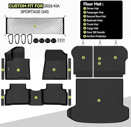 Tongama-Floor Mats for 2026 Kia Sportage Gas, All Weather TPE Trunk Mat and Backrest Mats Protector and Cargo Net and Door Sill Guards for Kia Sportage Floor Liner Accessories