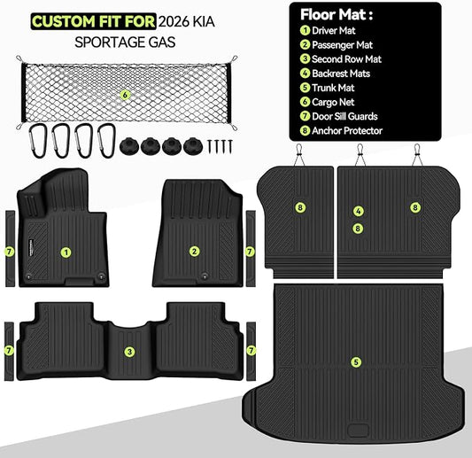 Tongama-Floor Mats for 2026 Kia Sportage Gas, All Weather TPE Trunk Mat and Backrest Mats Protector and Cargo Net and Door Sill Guards for Kia Sportage Floor Liner Accessories
