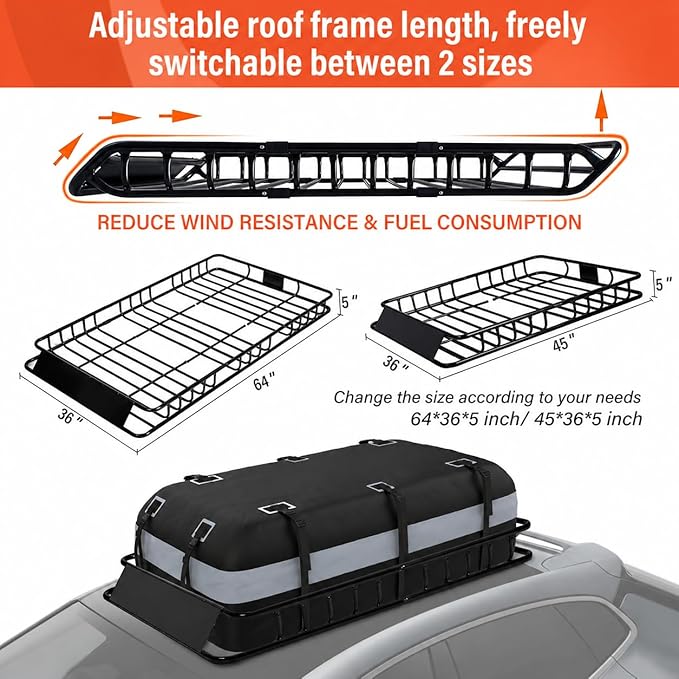Heavy Duty Universal Rooftop Cargo Carrier Roof Rack, 64"x36"x5" Roof Rack Basket with 20 Cu.Ft Waterproof Bag, for SUV, Truck and Van, 250lbs Capacity, Corrosion Resistant (ROOF 64" and Bag)