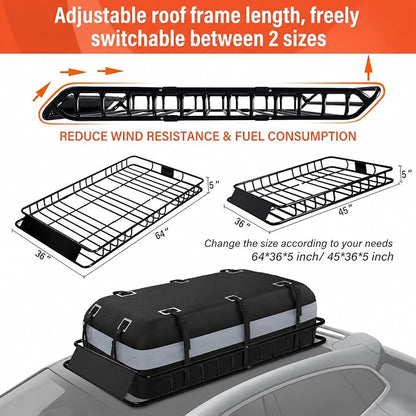 Heavy Duty Universal Rooftop Cargo Carrier Roof Rack, 64"x36"x5" Roof Rack Basket with 20 Cu.Ft Waterproof Bag, for SUV, Truck and Van, 250lbs Capacity, Corrosion Resistant (ROOF 64" and Bag)