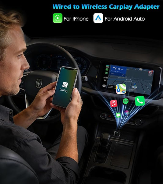 KAIY Wireless CarPlay Adapter for iPhone, 2-in-1 Android Auto Wireless Dongle for Wired Cars, Compatible with Apple CarPlay & Android Auto, No Lag USB A/C Plug & Play Stable Connection