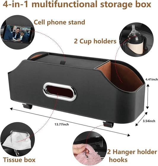 Backseat Car Organizer with 2 Drink Cup Holder - Tissue Holder - Car Seat Hooks for Headrest - Multi-functional Storage for Travel - Perfect for Kids, Adults(Black)