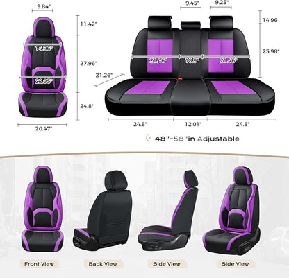 Coverado Car Seat Covers Full Set, Waterproof Nappa Leather Seat Covers for Car, Car Seat Protector with Lumbar Support, Automotive Seat Covers Universal Fit for Most Cars SUV Trucks, (Black&Purple)