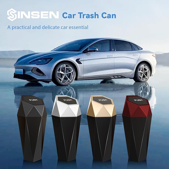 SINSEN Car Trash Can, Mini Garbage Bin with Lid, Car Door Trash Cans, Cup Holder Organizer Diamond Dustbin, Black, Pack of 2
