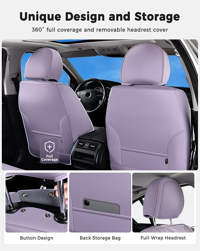 Huidasource Purple Seat Covers Luxury Nappa Leather, Car Seat Covers with Velcro Adjustable, Airbag, Lumbar Support, Cooling＆Heating, SUV seat Covers Universal Fit for Most Cars SUV Trucks, Purple