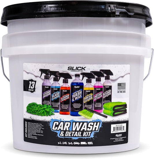 Slick Products Car Wash & Detail Kit (13-Piece) – Complete Car Cleaning & Detailing Kit with Ceramic Wash, Degreaser, Interior Cleaner, Glass Cleaner, Towels, Brush, Wash Bucket & More