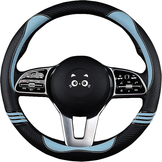 Iwantit® Cute Steering Wheel Cover for Women, Carbon Fiber&Breathable Pu Leather with Anti-Slip Rubber Ring, Steering Wheel Protector for Men, Universal Fit 14.5-15 inches for Cars,SUV (Cool Blue)