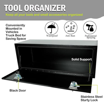 48 Inch Underbody Truck Tool Box Steel Storage Tool Box For Truck Under Bed Pickup RV Trailer, Waterproof Black Steel Box with Lock and Keys, 48"x 14"x 16" inch