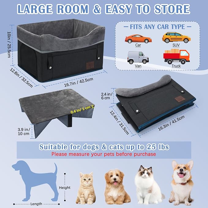 Dog Car Seat for Small Dogs, Detachable Washable Pet Booster Seat with Storage Pocket, Breathable Mesh, Safety Leash, Adjustable Straps for Small Pets Up to 25lbs-Black