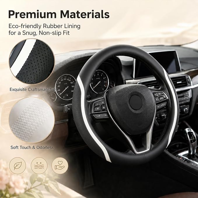 Steering Wheel Cover Black White, Carbon Fiber Car Steering Wheel Covers with Coasters Universal 14.5-15 inch Leather Microfiber Breathable Anti-Slip Steering Wheel Accessories Set