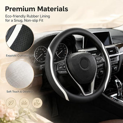 Steering Wheel Cover Black White, Carbon Fiber Car Steering Wheel Covers with Coasters Universal 14.5-15 inch Leather Microfiber Breathable Anti-Slip Steering Wheel Accessories Set