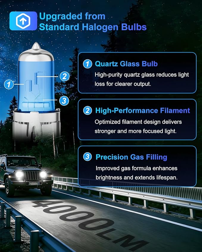 9008/H13 Halogen Headlight Bulbs, Standard High Beam or Low Beam or Fog Light Bulb, DC 12V 55W 5000K,4000 Lumens,Head Light Bulbs for Car,High Brightness Headlight Bulb, Pack of 2