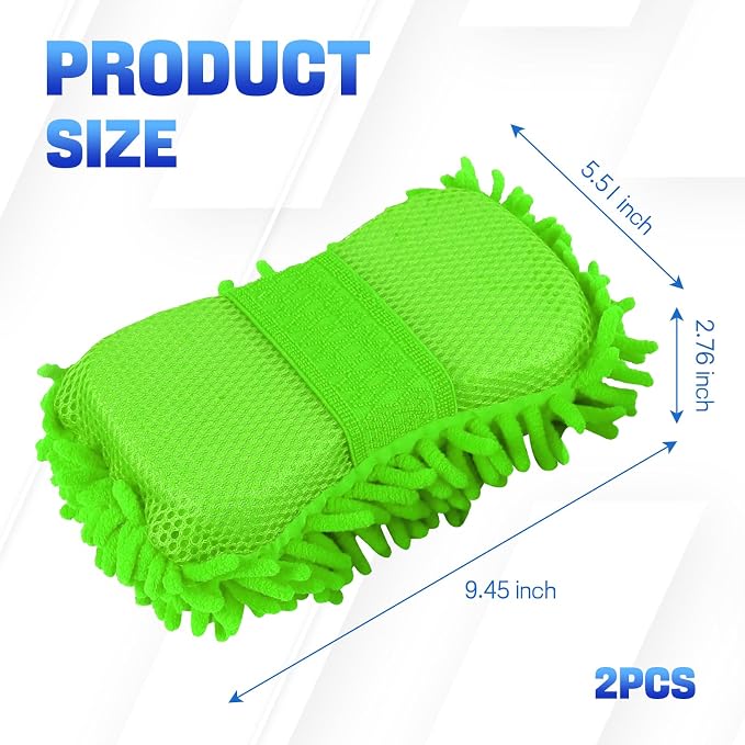 2PCS Microfiber Car Wash Sponge, Double Sided Chenille Microfiber Car Wash Mitt, Scratch Free & Lint Free, Absorbent Automotive Washing Sponges, Auto Cleaning Supplies (Green)